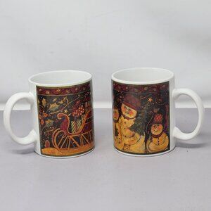 Set Of 2 Susan Winget Certified International Holiday Mugs With Snowman & Sleigh